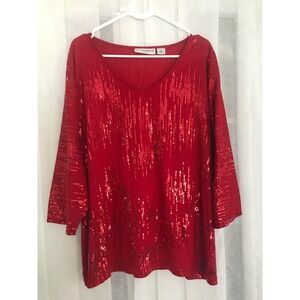 Sag Harbor Woman‎ Red Sequin V-Neck Top 3/4 Sleeve Plus Size 1X Holiday Party